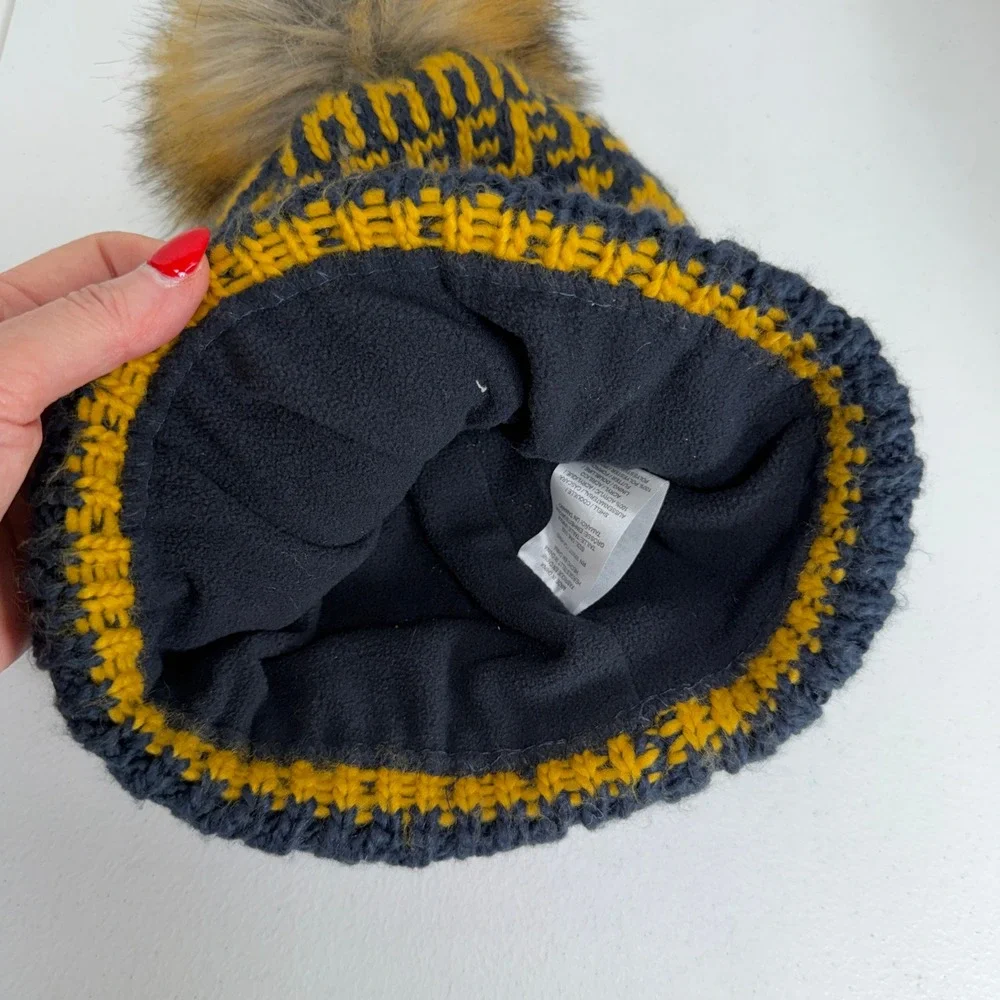 Ariat Beanie Fair Isle Fleece Lined Faux Fur Pom Knit Navy Yellow Warm Outdoor